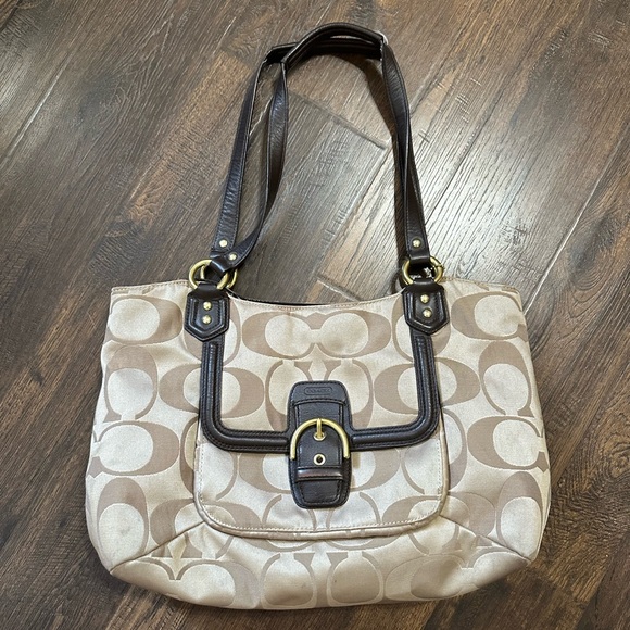 Coach Campbell Belle Cream and Brown Signature Logo Handbag - Picture 1 of 11